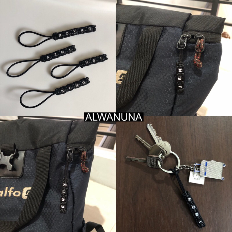 

handmade keychain nametag bagchain zipper puller tali satin paracord hitam 2mm custom nama inisial tas bag koper anak dewasa tarikan resleting