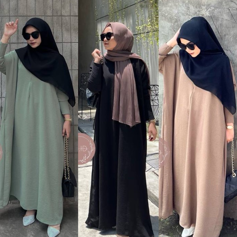 Abaya Turki Gamis Wanita Polos Simple Kaftan Hitam Putih Warna Cantik Kain Crinkle Airflow Halus Uku