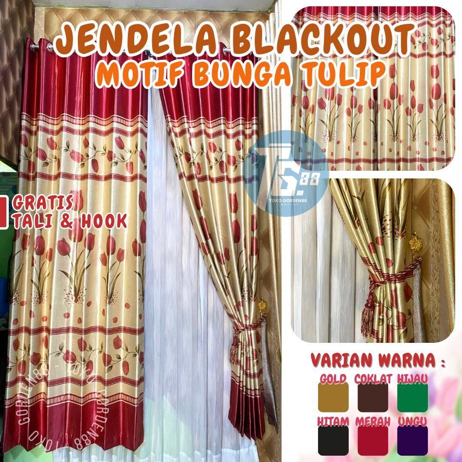GORDEN BLACKOUT PREMIUM MOTIF BUNGA TULIP MERAH 6 GELOMBANG BAHAN TEBAL | GORDEN JENDELA MEWAH