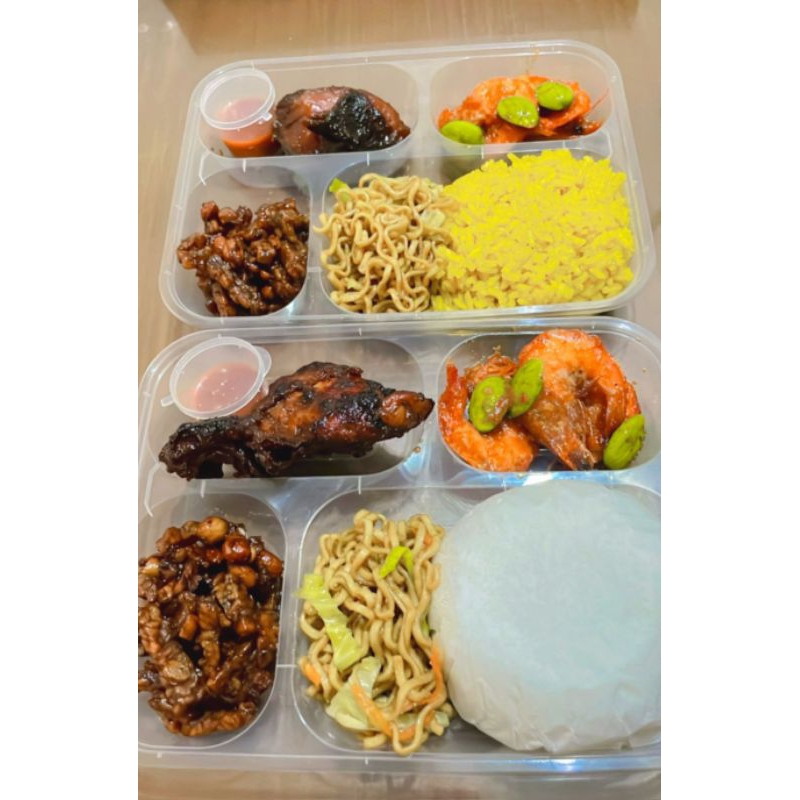 

Nasi Box/Nasi Kuning/Nasi Bento 4 menu (2 Lauk + 2 Sayur bebas pilih) untuk syukuran, ulang tahun,pernikahan,acara lainnya, minimal pemesanan H-4, pengiriman dari Jakarta ke seluruh Jabodetabek, Halal, lezat, murah, bergizi, higienis,Chat admin sebelum CO