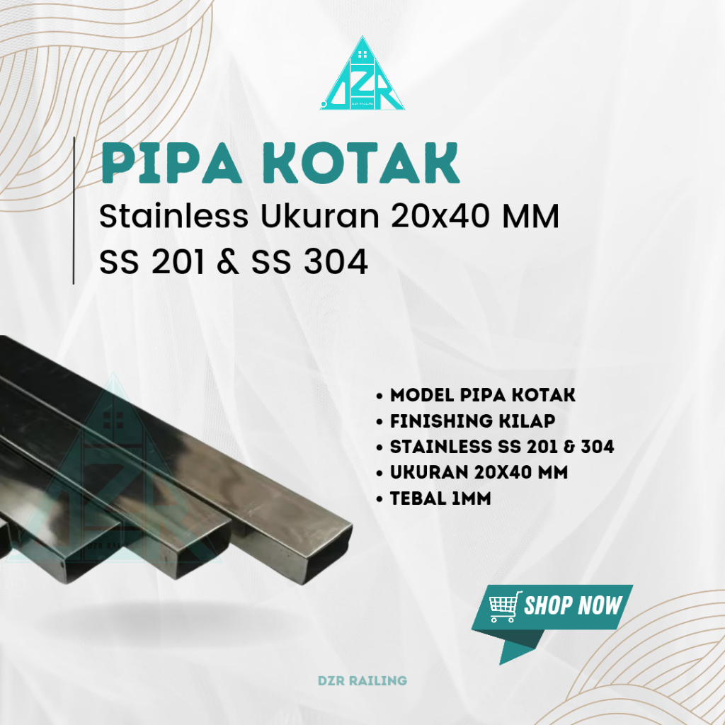 DZR Pipa Hollow Kotak Stainless UK 20 x 40 Sus 201 & 304 tebal 1mm kilap