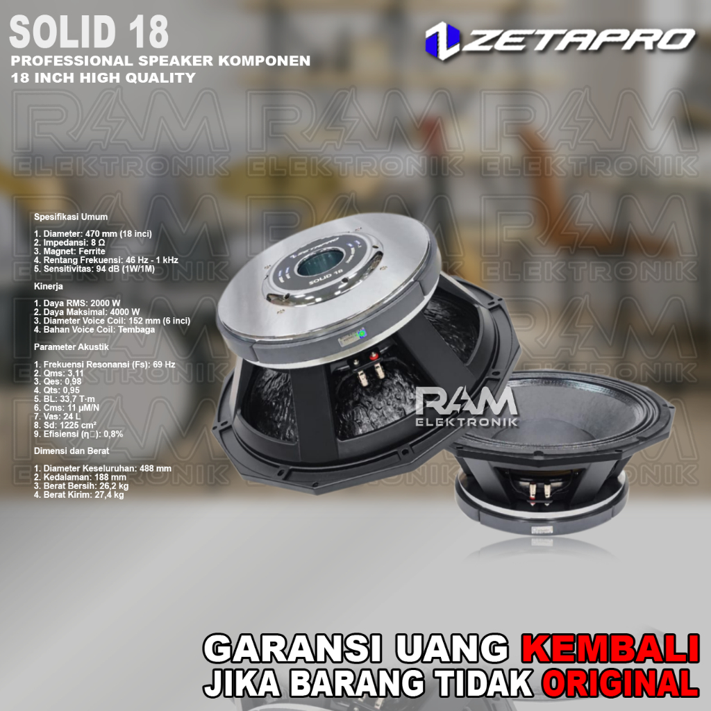 Komponen Speaker 18 Inch ZETAPRO SOLID 18 | SOLID18 Original 4000 Watt
