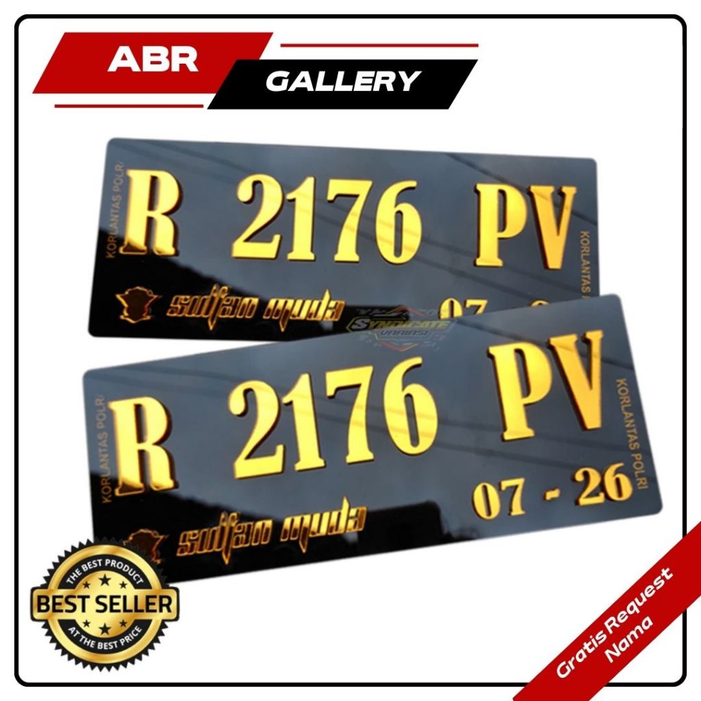 Plat Nomor Akrilik Hitam Timbul Gold Sepeda Motor Baut