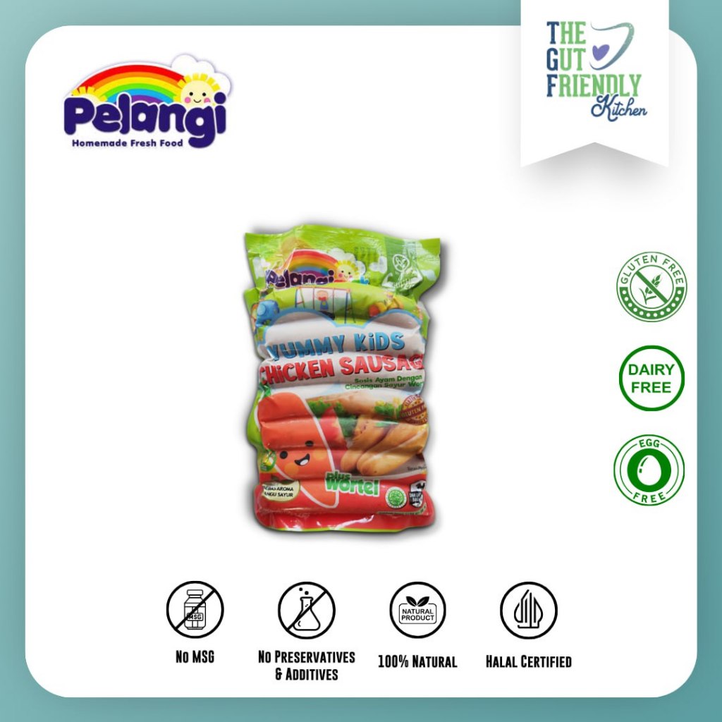 

PELANGI - Yummy Kids Sosis Ayam Sayur Gluten Free, Dairy Free, Egg Free, Halal Non MSG & Non Pengawet
