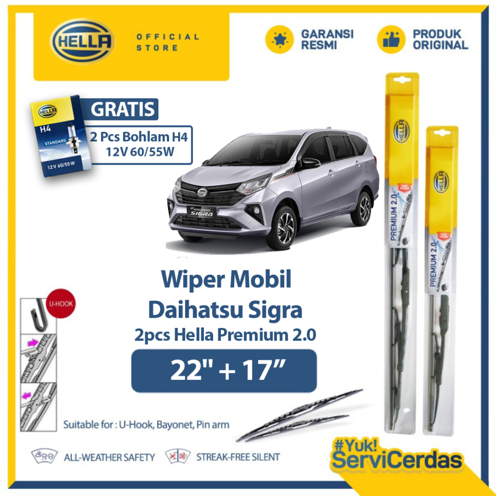 Wiper Mobil HELLA Premium 2.0 DAIHATSU Sigra 22" + 17" (2pcs) - Gratis Bohlam Mobil H4 12V 60/55W