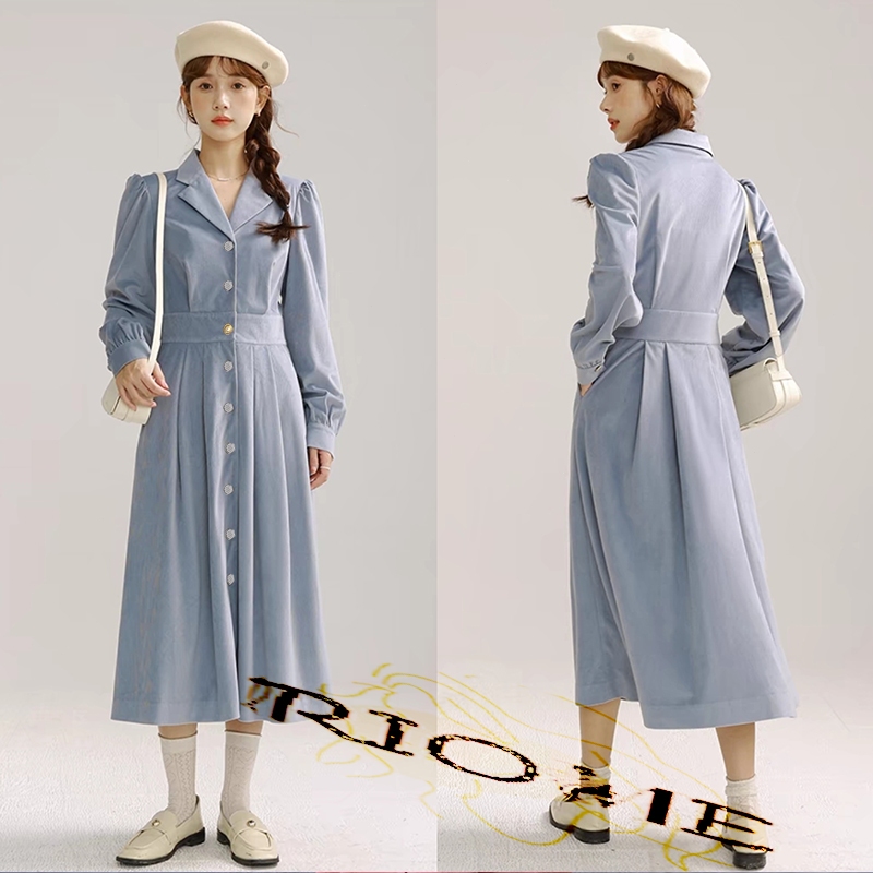 Gaun korduroi Prancis lengan panjang setelan retro kerah pinggang rok panjang sedang