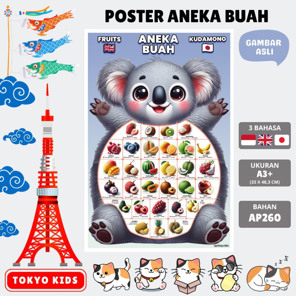 Tokyokidz Poster Edukasi Anak Mengenal Berbagai Macam Buah-Buahan Dan Dilengkapi Dengan 3 Bahasa