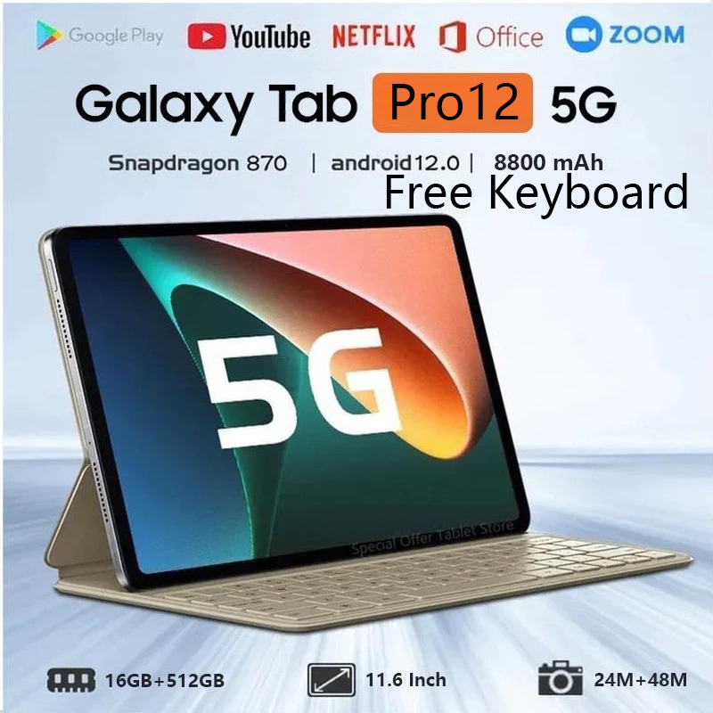 2024 Tablet Android Pro12 Tab 16GB+1024GB 11.6inch Layar Full Screen Layar Besar Wifi 5G Dual SIM Ta