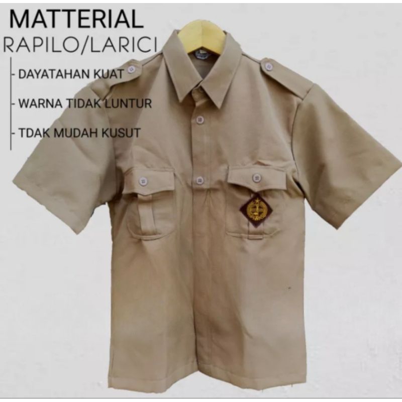 BAJU PRAMUKA SD SMP SMA DAN GURU LENGAN PENDEK KAIN RAPILO LARICI TEBAL KUAT