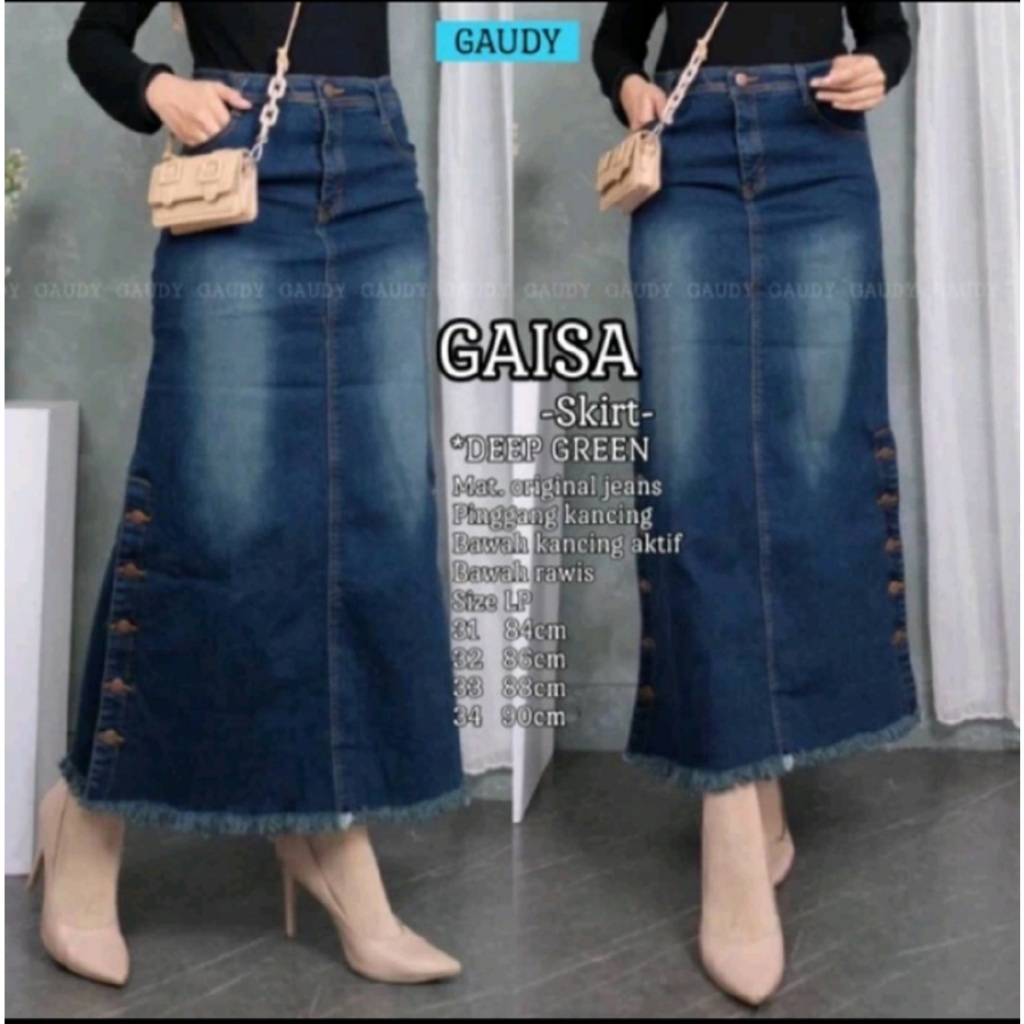 Rok Jeans Span Panjang Kancing Pinggir Bawah Rawis Model Terbaru
