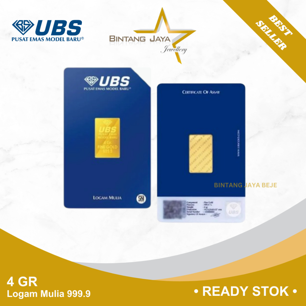 Logam Mulia UBS 4 gr gram Emas (LM) GoldBar Kadar 999.9 Sertifikat Mas UBS Gold Batangan Bersertifik
