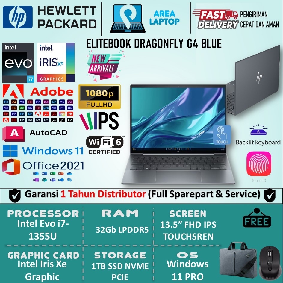 Laptop HP Elitebook Dragonfly Intel Evo i7 1355U 32Gb DDR5 2Tb SSD FHD IPS TOUCH Win11 PRO Slate Blu