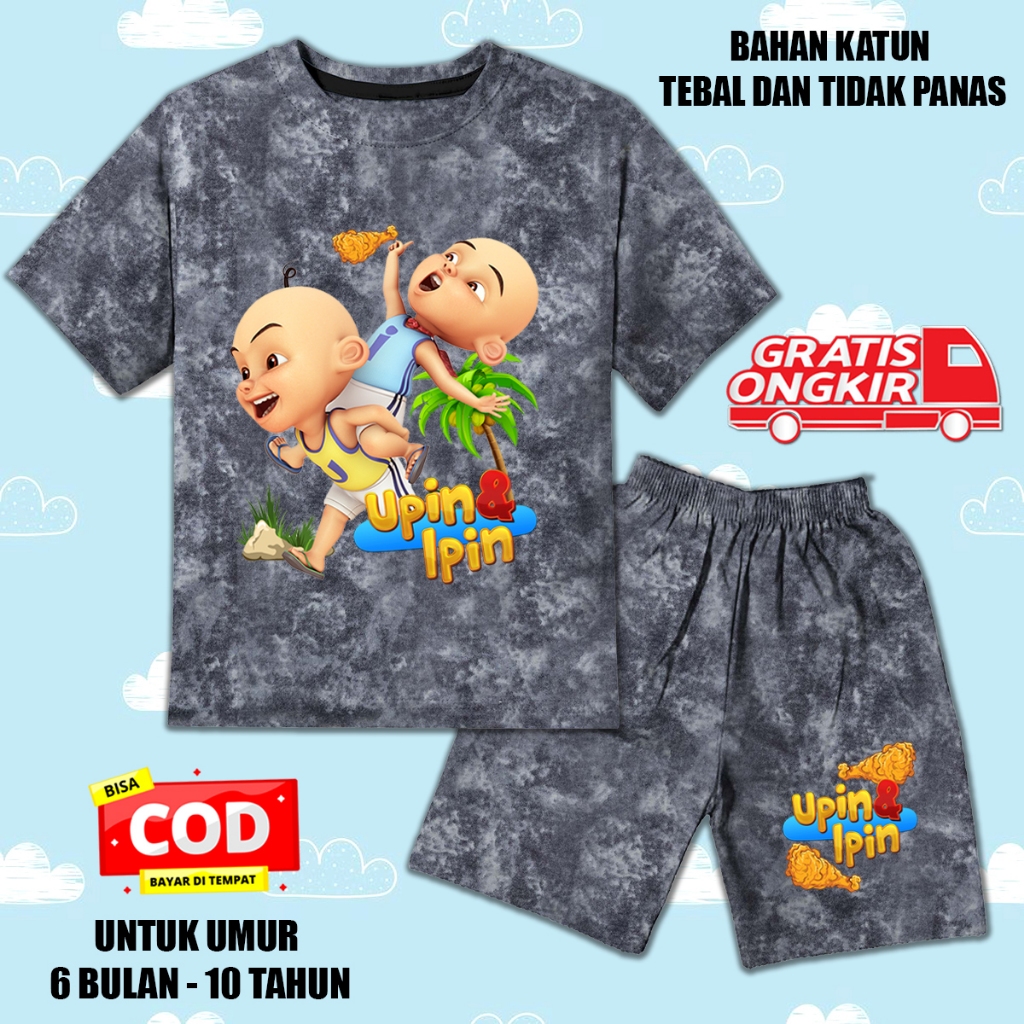 Setelan denim jeans printing lengan pendek anak laki laki perempuan set kaos anak upin ipin ayam gor