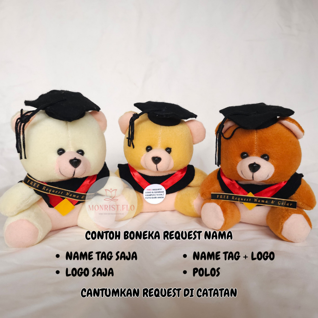 Monrist Flo - Boneka Teddy Wisuda Free Request / Gratis Custom Nama Gelar Logo Kampus Cute Bear Doll