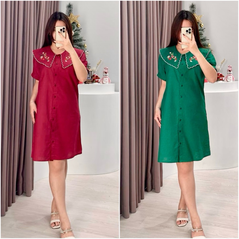 Foria 2660 linen dress - terusan wanita casual korea merah hijau natal korea