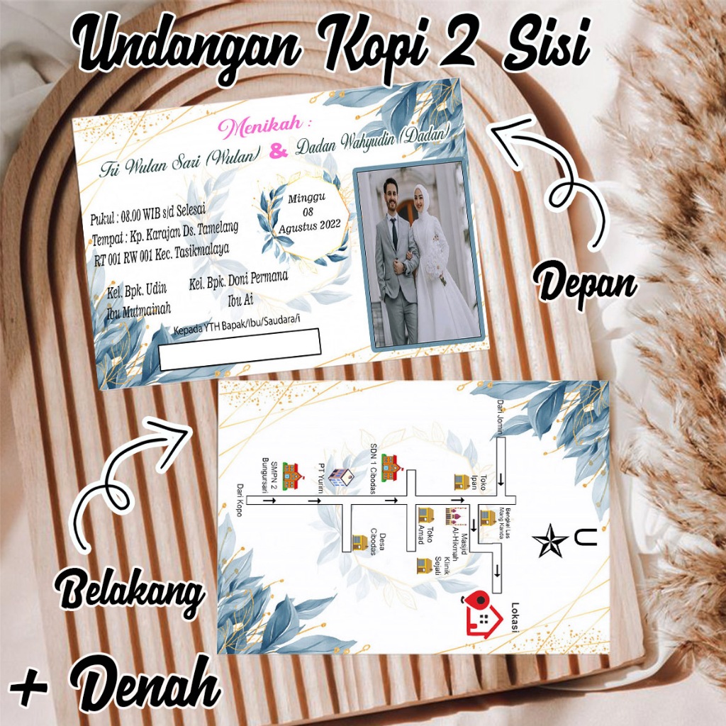 undangan kopi pernikahan cetak 2 sisi pakai denah
