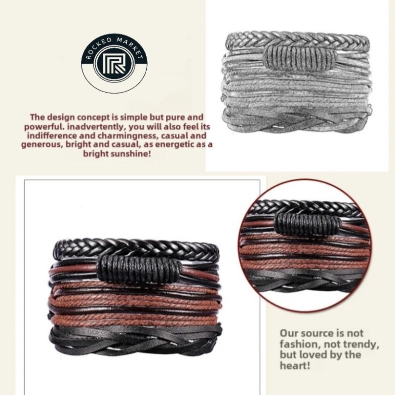 1 Set isi 4 gelang - Gelang kulit dark - gelang retro branded bracelet gelang pria wanita leather ca