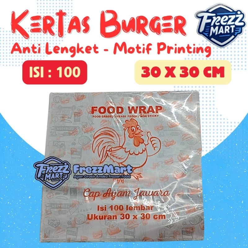 

Kertas Burger 30x30cm Ayam Jawara Motif Laminasi Anti Lengket Motif Printing utk Hotdog Sandwich Makanan Food Wrapping Laminating isi 100 Lembar.