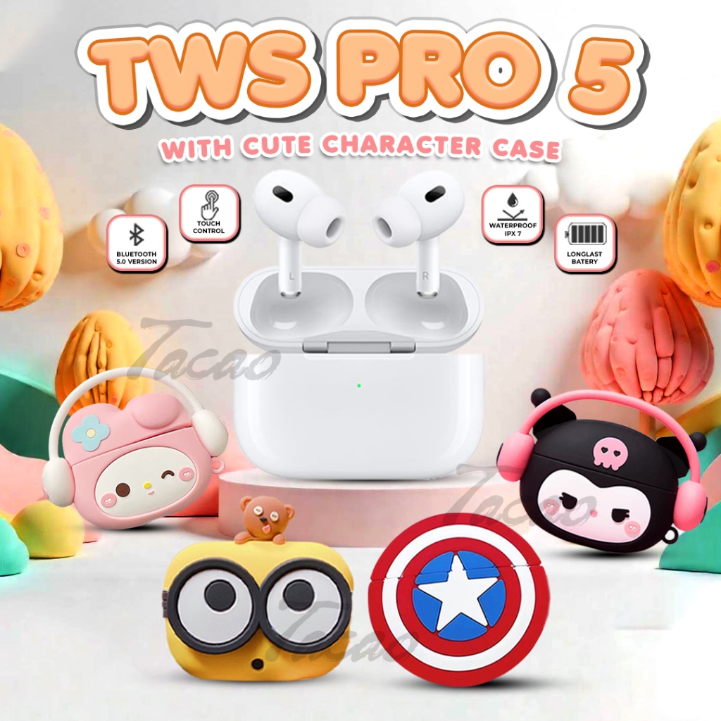 Headset Bluetooth TWS PRO 5 Case Kartun Airpods Wireless Headphones Stereo Inpods