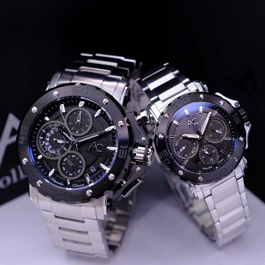 JAM TANGAN COUPLE ALEXANDRE CHRISTIE AC 9205 AC9205 SILVER BLACK ORIGINAL