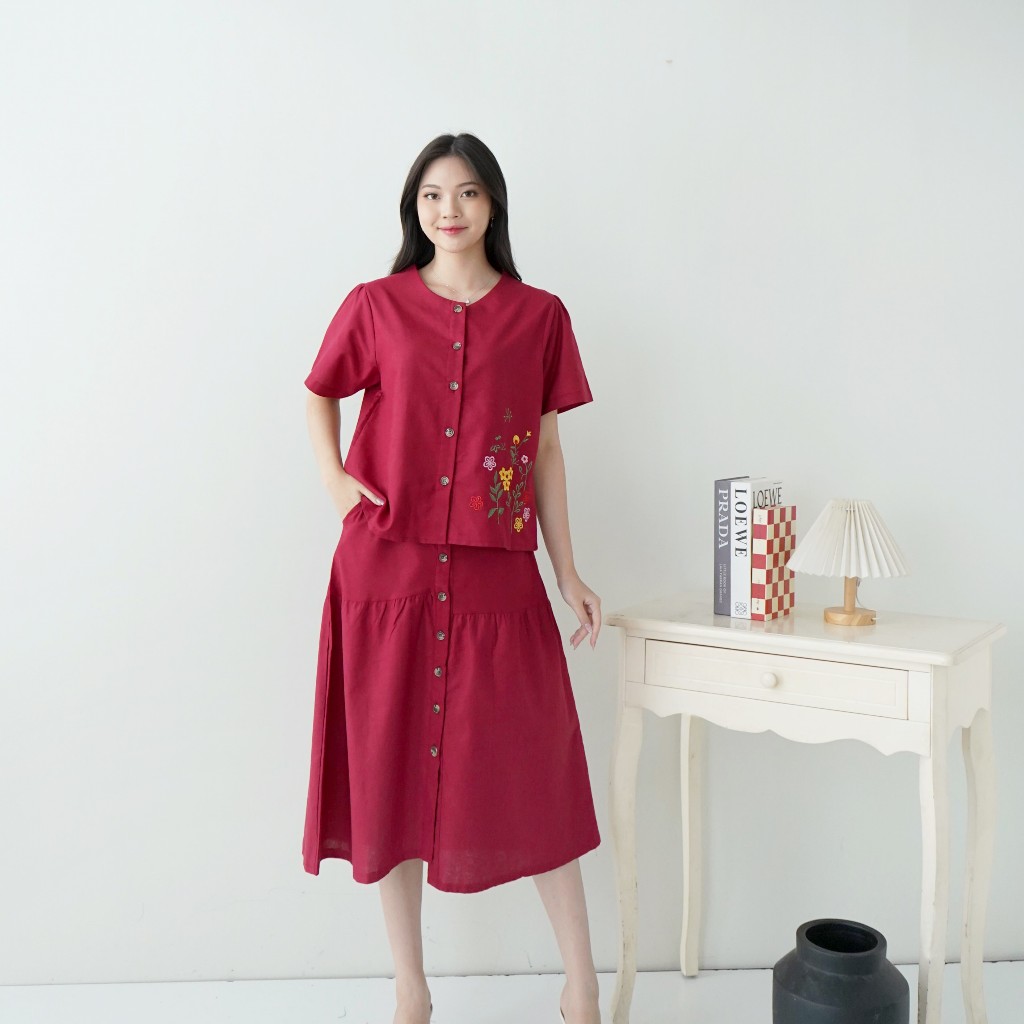 Nuboutique - Isaura Set - Setelan Rok Linen Bordir Casual Korean Style Vintage