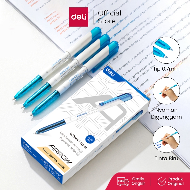 

Deli Ballpoint Pen / Bolpoin Pulpen 0.7mm Tinta Hitam Biru Merah Isi 12 pcs Penulisan Halus EQ23