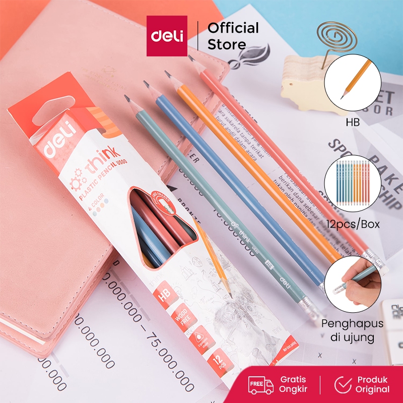 

Deli Pensil Plastik HB 12PCS/Kotak, dengan Ujung Penghapus, Bentuk Segitiga EU50000