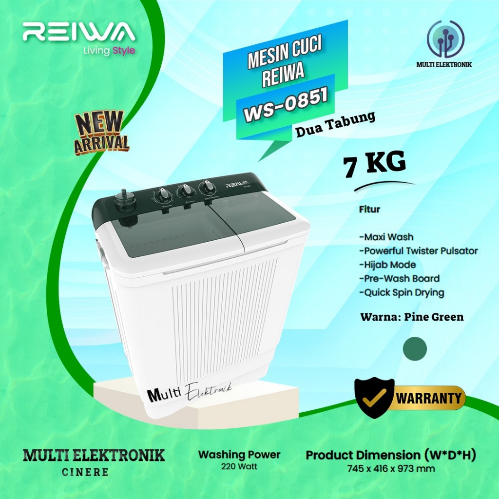 Mesin Cuci 2 Tabung 7 KG REIWA WS-0851 PGN