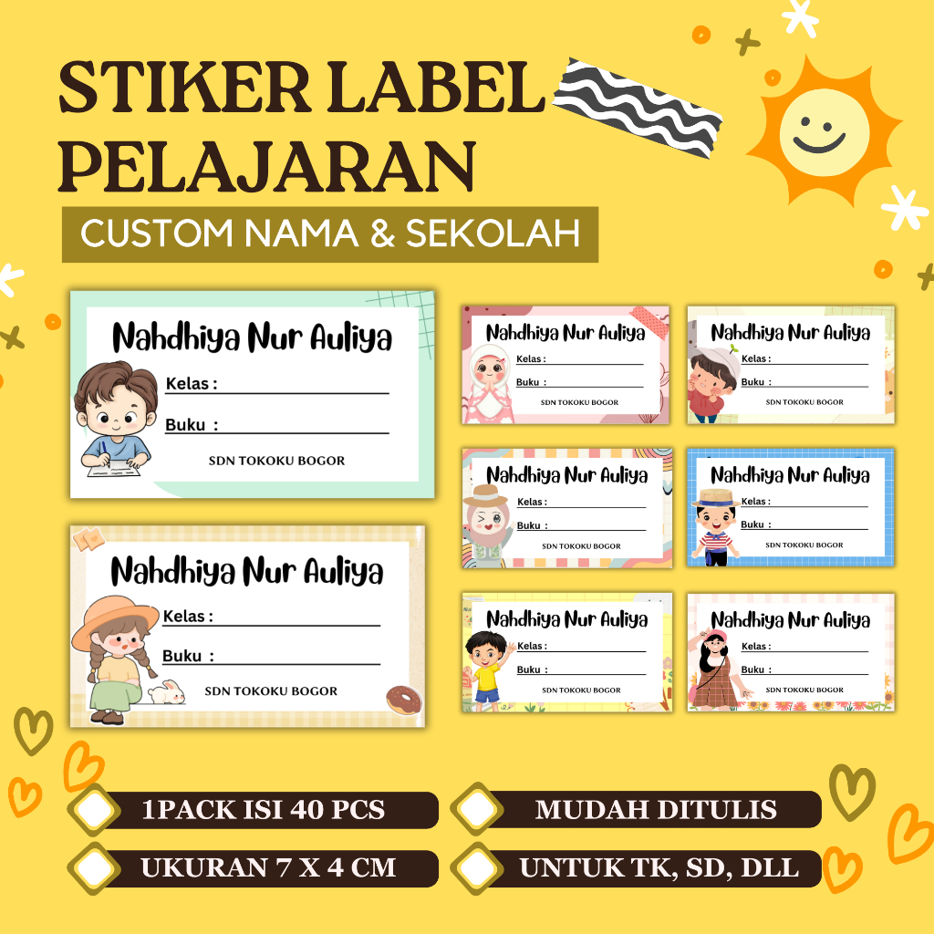 

(40 PCS) Stiker Label Nama Karakter Mata Pelajaran Buku Pelajaran UKURAN 7 X 4 CM Free Desain Custom Nama