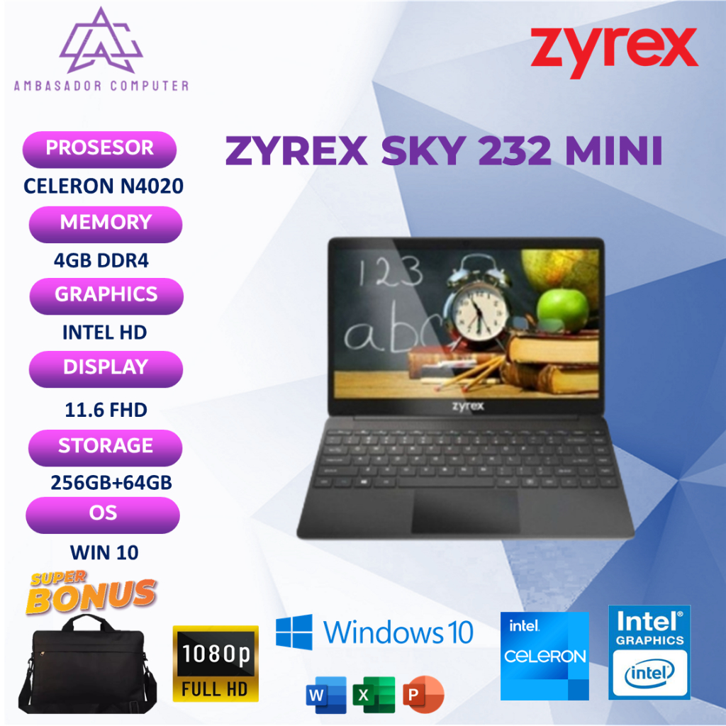 Notebook Zyrex Sky 232 Mini N4020 4GB 256+64GB Windows10 Full HD