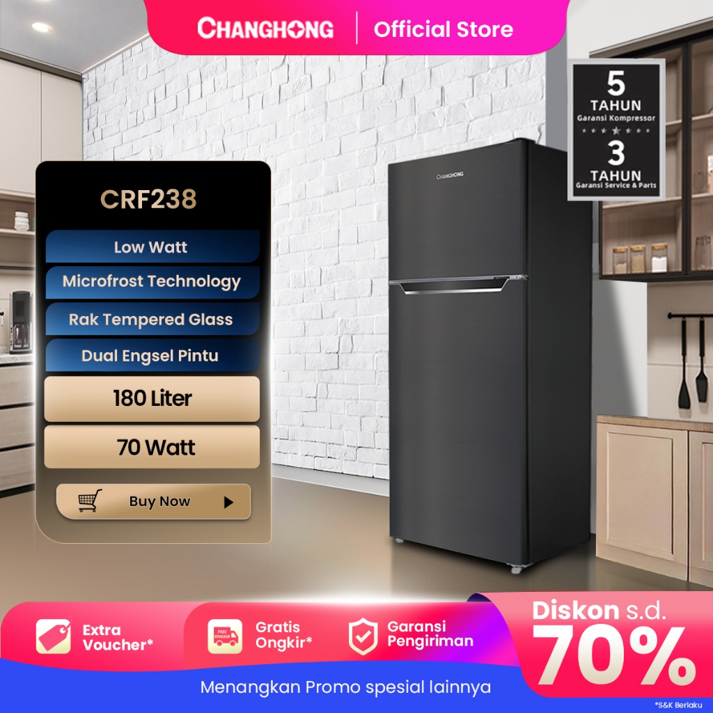 Changhong Kulkas 2 Pintu  (Refrigerator) Lemari Es Kapasitas 180 Liter CRF238 – Black (Semi Auto No 