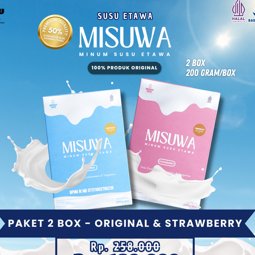 

Susu Kambing Etawa Bubuk RASA ORIGINAL & STRAWBERRY [PAKET 2 BOX] 2x200GR Menjaga Kesehatan Tulang Melancarkan Sistem Pencernaan dan Kekebalan Tubuh | MISUWA