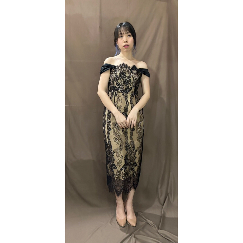 Midi Dress Brokat Katun Hitam Furing Cream [Sabrina]