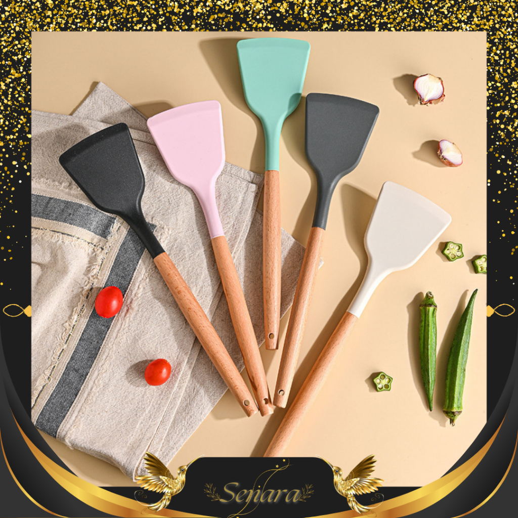 SENARA Sillicone Utensil Spatula Silikon Gagang Kayu Sutil Masak Goreng Tahan Panas Utensil / Spatul