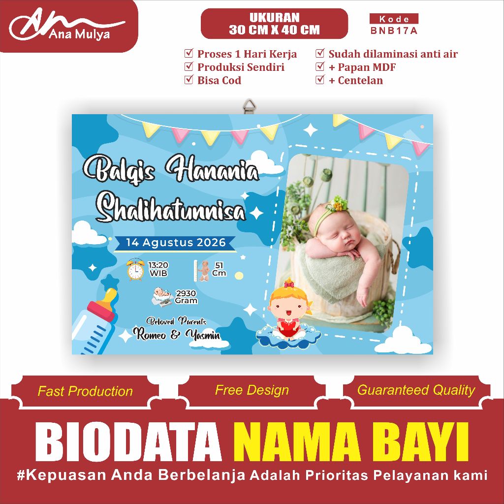 PROMO Biodata Kelahiran Bayi + Bingkai Ukuran 12R 30 CM X 40 CM ANA MULYA BNB17 Terlaris