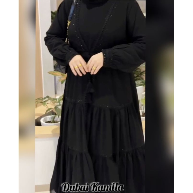 abaya hitam terbaru gamis arab Dubai Kamila jetblack mix sifon dreess muslim gamis arab hitam swakor