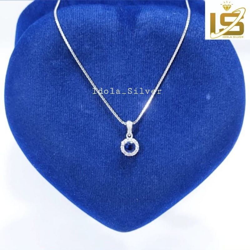 Kalung Perak Asli Silver Wanita 925 Lapis Emas Putih Rantai ItaliSanta Liontin Permata Biru - Kalung
