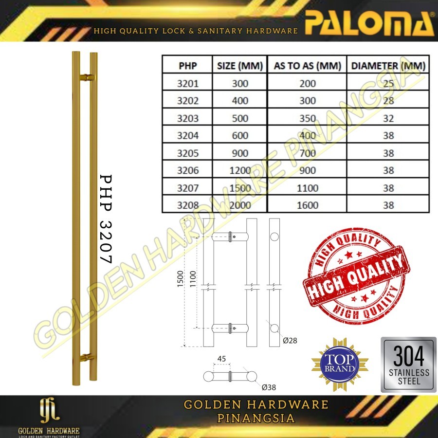 TARIKAN GAGANG PULL HANDLE PINTU BULAT PVD GOLD EMAS 150CM 1,5 METER PALOMA PHP 3207