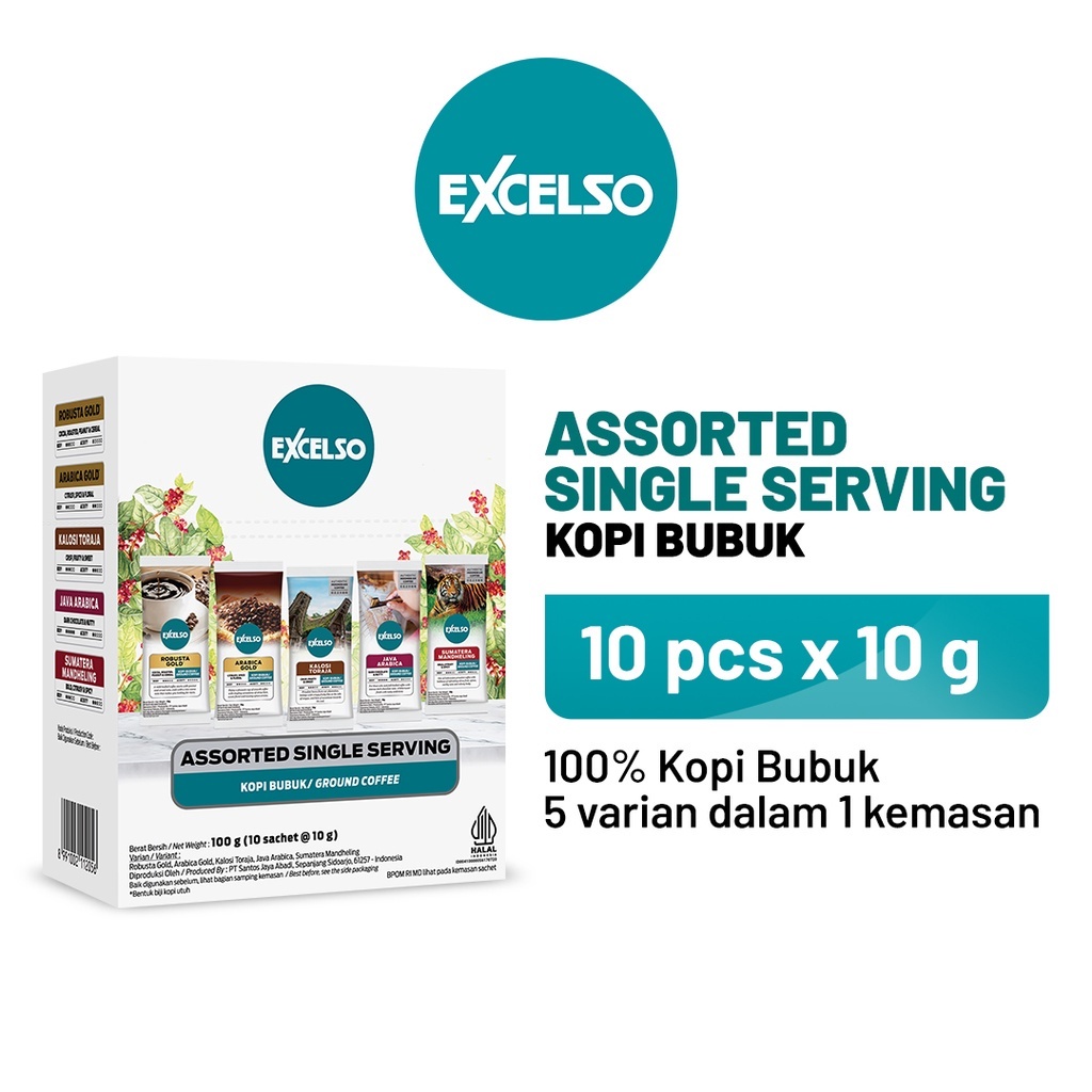 

EXCELSO Assorted Single Serving Bubuk Robusta Gold Arabica Gold Sumatera Mandheling Kalosi Toraja Java Arabica