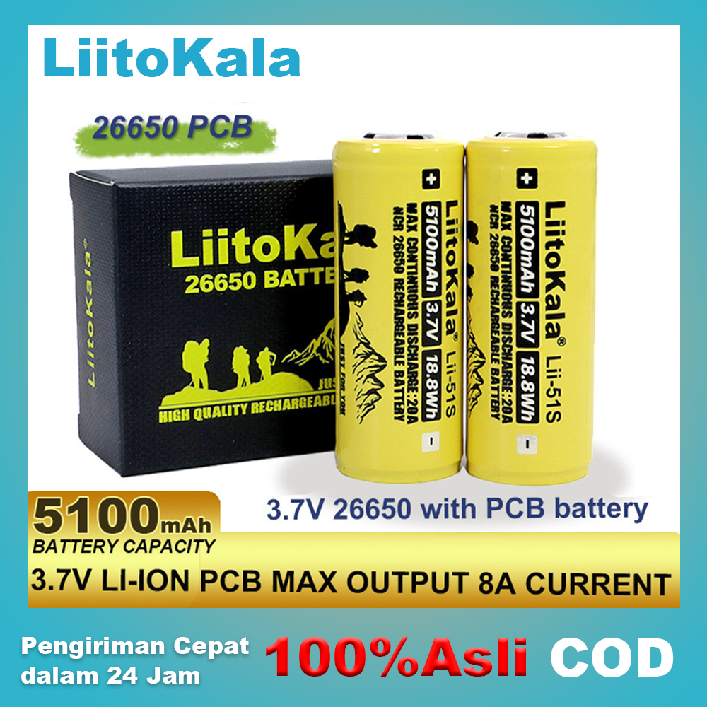 Liitokala Original 5100mAh 3.7V Lithium Li-ion 26650 Baterai Isi Ulang Li-ion (Flat Top)