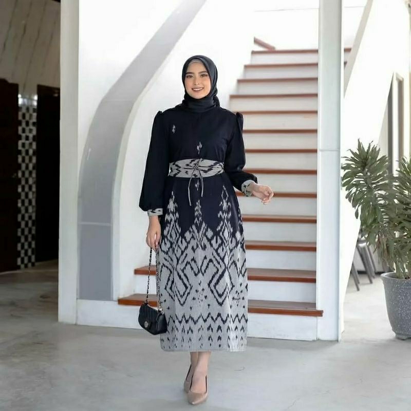 Tunik dress baju tenun wanita hitam series casual