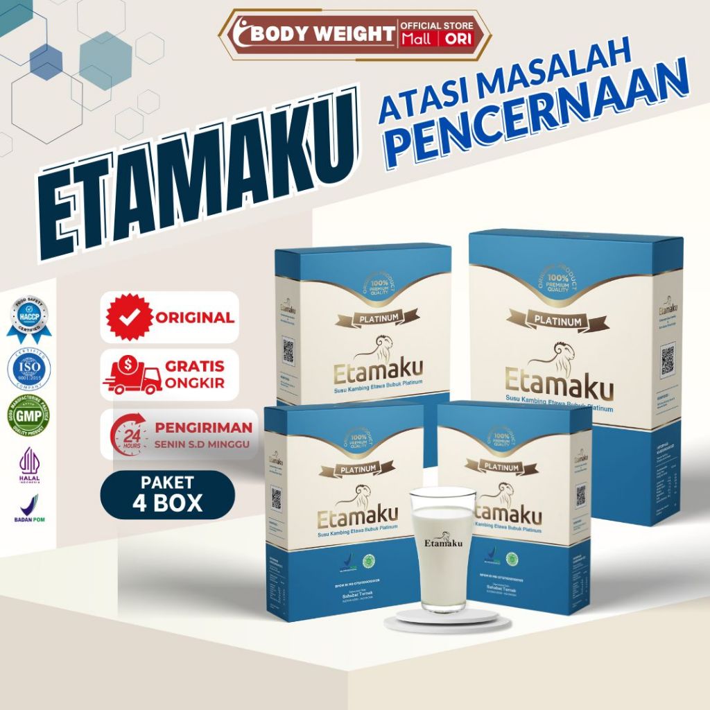 

Etamaku Platinum Susu Etawa Untuk Memperkuat dan Meremajakan sel-sel tubuh Paket 4 Box Kemasan 250gr