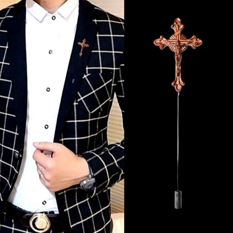 Metal Rose Gold Cross Lapel Pin Salib Bros Jas Kameja Tuxedo Lapel Pin Salib