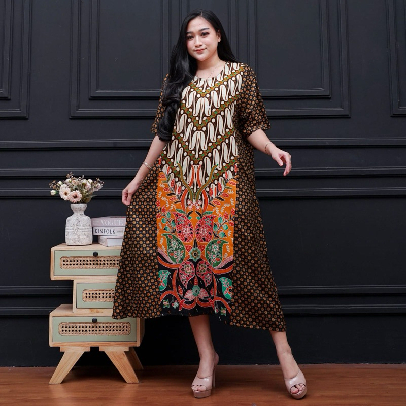 DASTER ENCIM UKURAN JUMBO LD 120 BUSUI FRIENDLY MOTIF ETNIK BATIK DASTER KEKINIAN LENGAN PENDEK MUAT