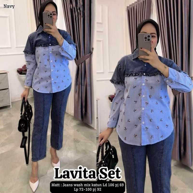 Baju Setelan Wanita Muslim Lavita Set Celana Jeans Mix Katun Atasan Cantik Fashion Perempuan Dewasa 