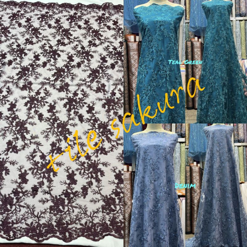 kain tile motif sakura bordir  tebal