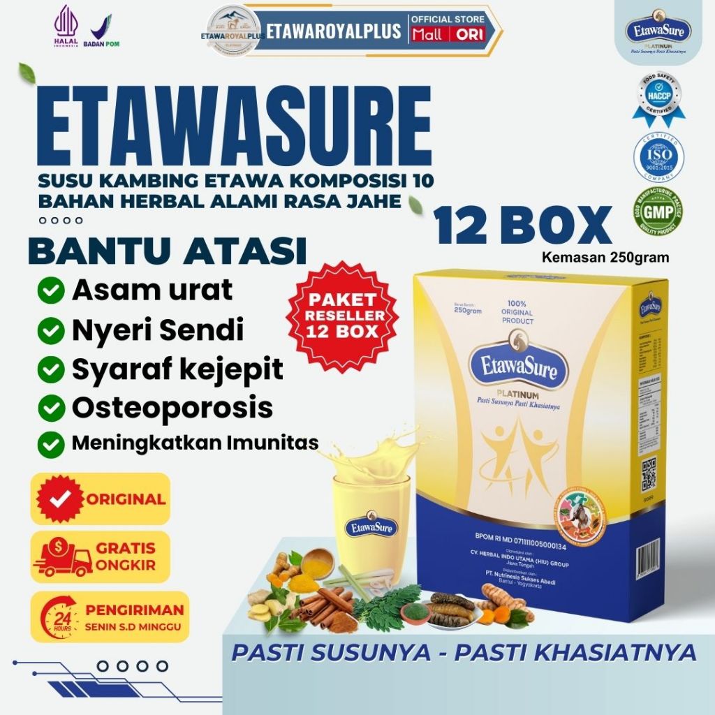 

[Paket 12 Box] Susu Kambing Etawasure Untuk Therapy Asam Urat & Nyeri Sendi - Resmi BPOM & Halal