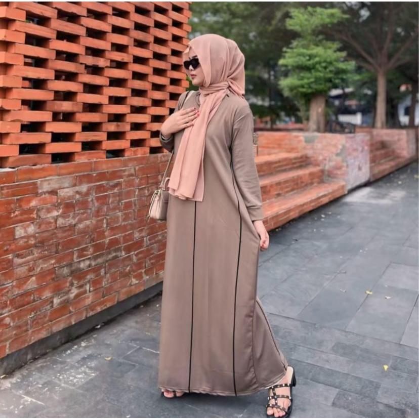 Borneo Dress - Gamis Knit Motif Salur Borneo Dress Kondangan Lengan Panjang Rib