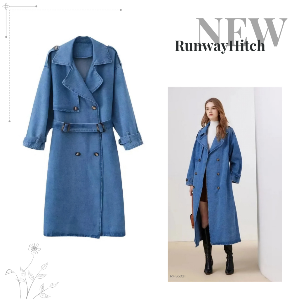 KOREAN DENIM LONG COAT PREMIUM WANITA RH35921 / COAT JEANS WITH BELT