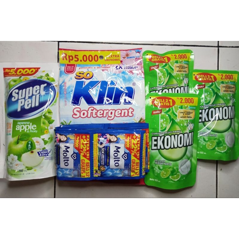 PAKET PEMBERSIH (1PCS SUPERPELL 5000,1PCS SABUN CUCI BAJU SOKLIN 5000,1 RENTENG MOLTO,3PCS SABUN CUC